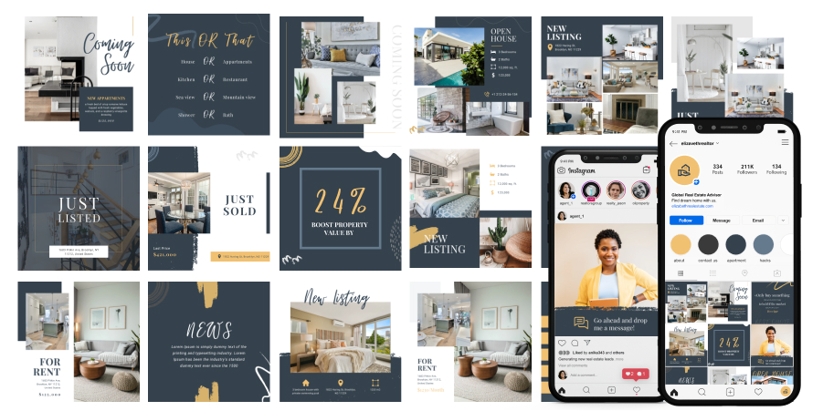Blue and Yellow Real Estate logotype brand deisng realtor business card design print